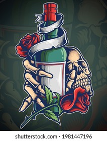 Vector Illustration of Skull holding wine bottle with roses