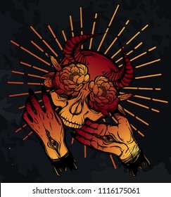 Vector illustration. skull with horns, demonic hands with eyes, peonies flowers, mysticism. Handmade, prints on T-shirts. background chalkboard, Red Yellow color