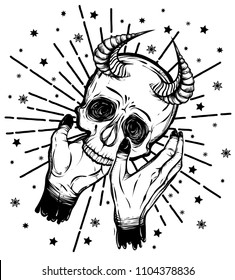 Vector illustration. skull with horns in hands, stars around, mysticism. background white. Handmade, prints on T-shirts, tattoos