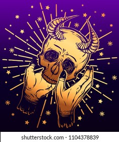 Vector illustration. skull with horns in hands, stars around, mysticism. background purple. Handmade, tattoos, prints on T-shirts