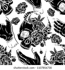 Vector illustration. skull with horns in hands, peonies flowers, mysticism. Handmade, prints on T-shirts, seamless pattern, light background,black color