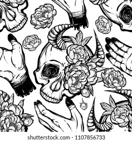 Vector illustration. skull with horns in hands, peonies flowers, mysticism. Handmade, prints on T-shirts, seamless pattern, light background