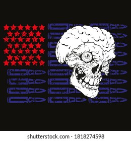 Vector illustration of a skull with horns on a usa flag on black background. Badge with red stars and blue bullets.