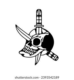 ilustración vectorial de un cráneo empalado por un cuchillo