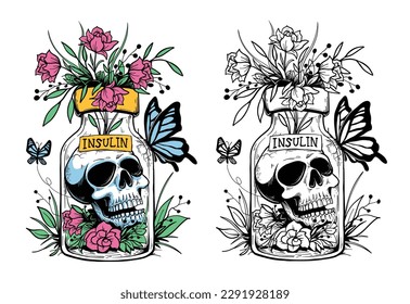 vector illustration of a skull in an insulin bottle overgrown with flowers and blue butterflies fluttering around it, about diabetes, can be printed on a health themed t-shirt