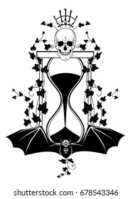 vector illustration with skull, ivy and sandglass in black and white colors