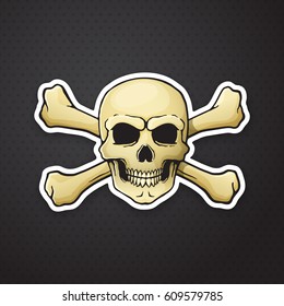 Vector illustration. Skull Jolly Roger with crossbones behind. Sticker in cartoon style with contour. Decoration for greeting cards, patches, prints etc.