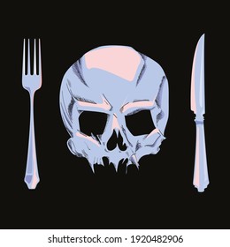 vector illustration of a skull, a knife and a fork isolated on black