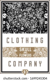 vector illustration of skull, lettering and flowers