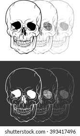 Vector illustration of skull like a ghost. Vector illustration of design for shirt , T-shirt with skull on white and black background. Vintage design for shirt.