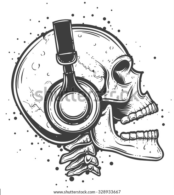 音楽を聴いている頭蓋骨のベクターイラスト ヘッドホンを装着したスケルトンの側面図 のベクター画像素材 ロイヤリティフリー