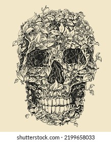 Vector illustration of a skull made of Leaves.