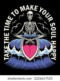 Vector illustration skull meditating while surfing. For t-shirts, stickers and other similar products.