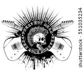 Vector illustration skull with mohawk and lettering punk not dead and punk rock forever on crossed guitars