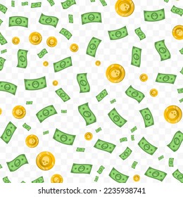 Vector illustration of Skull money. Random pattern of banknotes and coins in green and gold colors on transparent background (PNG). 