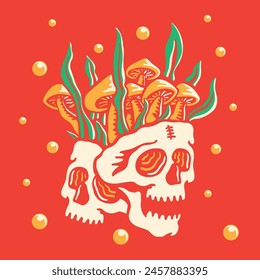 vector illustration of skull and mushroom. summer season concept