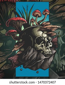 Vector Illustration of skull and nature environment with mushroom