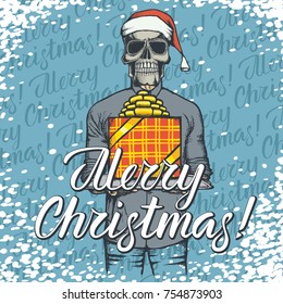 Ilustración vectorial del cráneo en Navidad con regalo. Calavera con letras Feliz Navidad