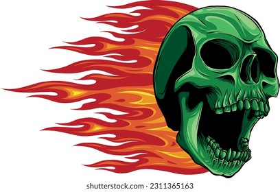 vector illustration of Skull on Fire with Flames on white background. digital han draw