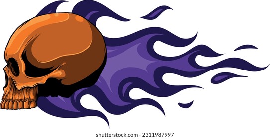 vector illustration of Skull on Fire with Flames on white background. digital han draw