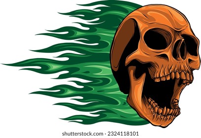 vector illustration of Skull on Fire with Flames on white background. digital han draw