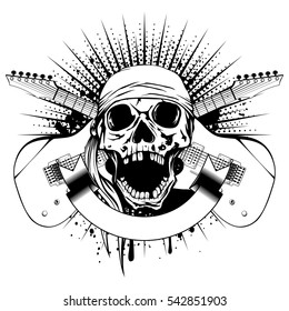 Vector illustration skull with open jaw in bandana and crossed guitars on dirty background. Hard rock design for t-shirt or tattoo