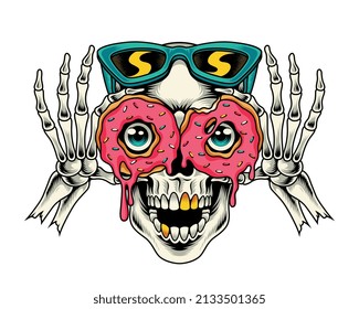 vector illustration skull peeking through the hole in the donut