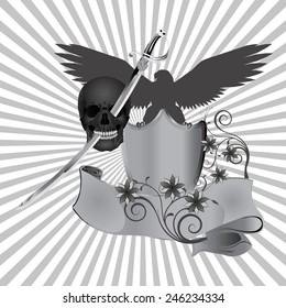 vector illustration skull pierced by a sword against the background of an eagle with flowers