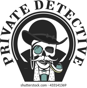 vector illustration of a skull with a pipe and a private investigator hat on a white background