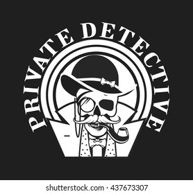 vector illustration of a skull with a pipe and a private investigator hat on black and white