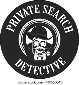 vector illustration of a skull with a pipe and a private investigator hat in the round logo