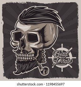 Vector illustration of a skull with a pipe for tobacco. Vintage skull print with beard and hairstyle