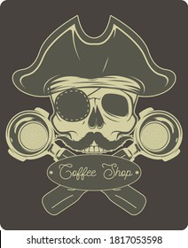 vector illustration of skull pirate for coffee shop logo