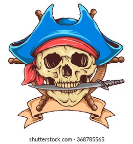 Vector Illustration Of Skull Pirate With Knife