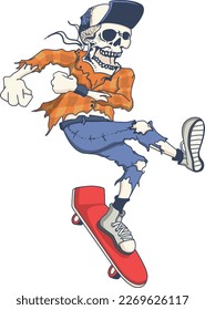 vector illustration of a skull playing a skateboard