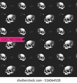 vector illustration of a skull in profile, black and white, monochrome, seamless pattern, suitable for printing on fabric, t-shirt, backgrounds, high quality, ink sketch.