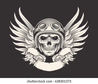 Vector illustration of a skull racer in a helmet and goggles. Sketch of a tattoo, emblem, element of a dizan, print for a T-shirt