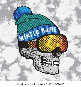 Vector illustration of  skull ready to ride ski and seamless pattern of a tie dye background 