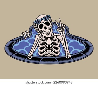 Calavera de ilustración vectorial relajándose en la piscina