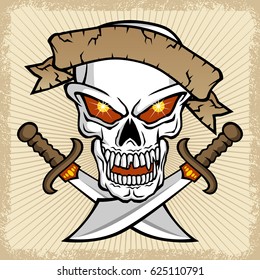 vector illustration of skull with ribbon and twin swords on grunge frame border