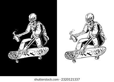 vector illustration skull riding a skateboard. For t-shirts, stickers and other similar products, skull black and white