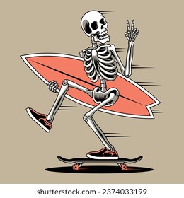 vector illustration of a skull riding a skateboard and carrying a surfboard