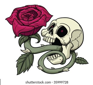 Vector illustration of skull with rose coming out of it mouth.