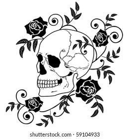 vector illustration of the skull and roses in black and white colors