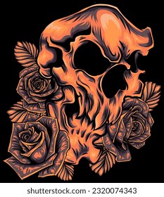 Ilustración vectorial del cráneo con rosas sobre fondo negro