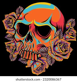 Ilustración vectorial del cráneo con rosas sobre fondo negro
