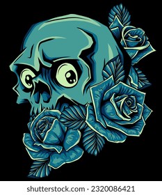 Vector illustration of skull with roses on black background