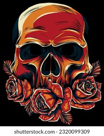 Vector illustration of skull with roses on black background