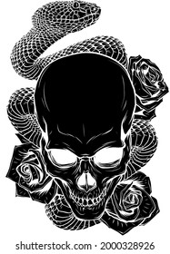 vector illustration of skull, roses and snake