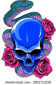 vector illustration of skull, roses and snake